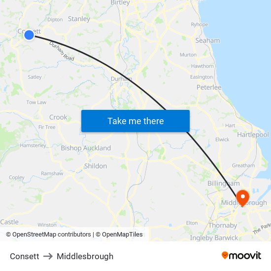 Consett to Middlesbrough map