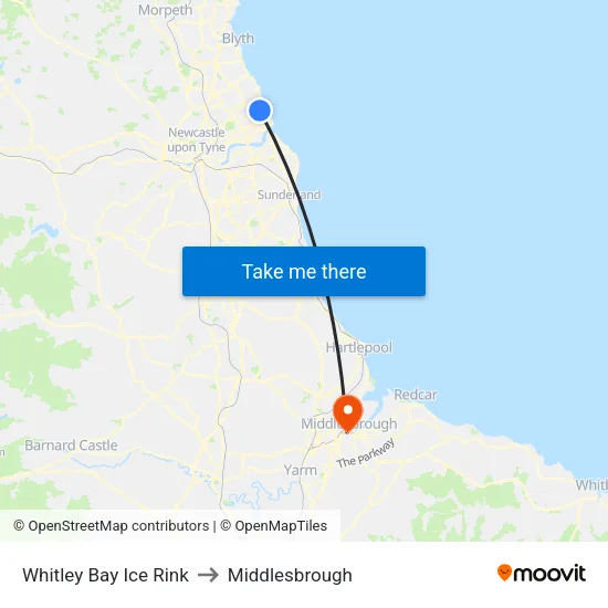 Whitley Bay Ice Rink to Middlesbrough map