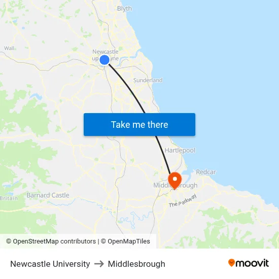 Newcastle University to Middlesbrough map
