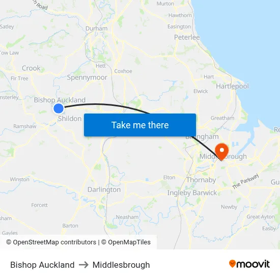Bishop Auckland to Middlesbrough map