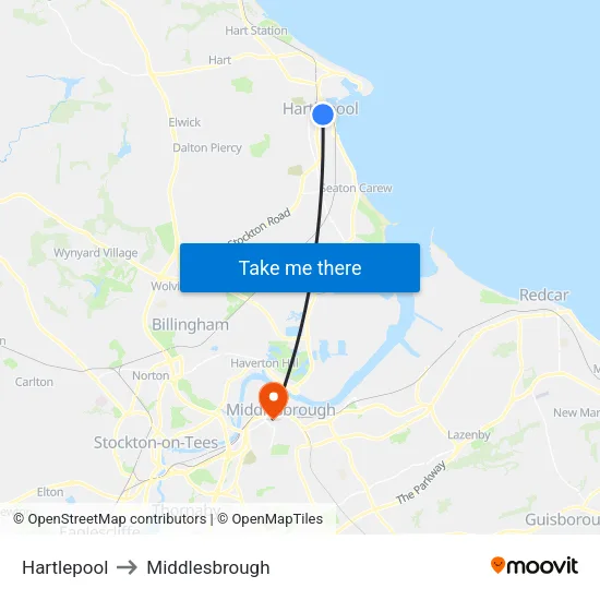 Hartlepool to Middlesbrough map