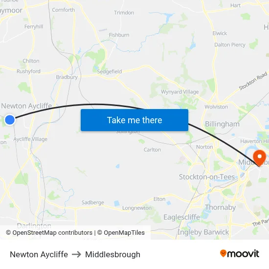 Newton Aycliffe to Middlesbrough map