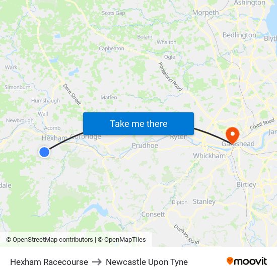 Hexham Racecourse to Newcastle Upon Tyne map