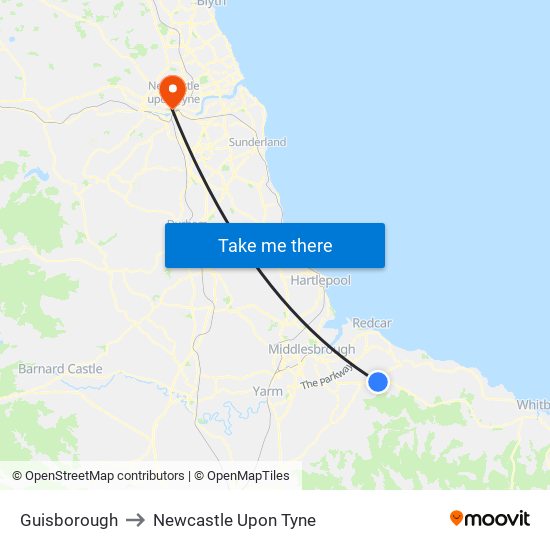 Guisborough to Newcastle Upon Tyne map