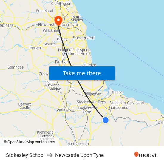 Stokesley School to Newcastle Upon Tyne map