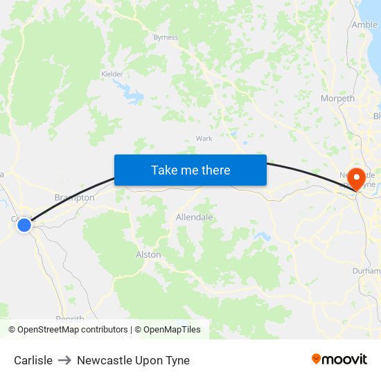 Carlisle to Newcastle Upon Tyne map