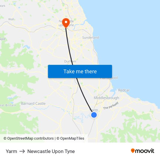 Yarm to Newcastle Upon Tyne map