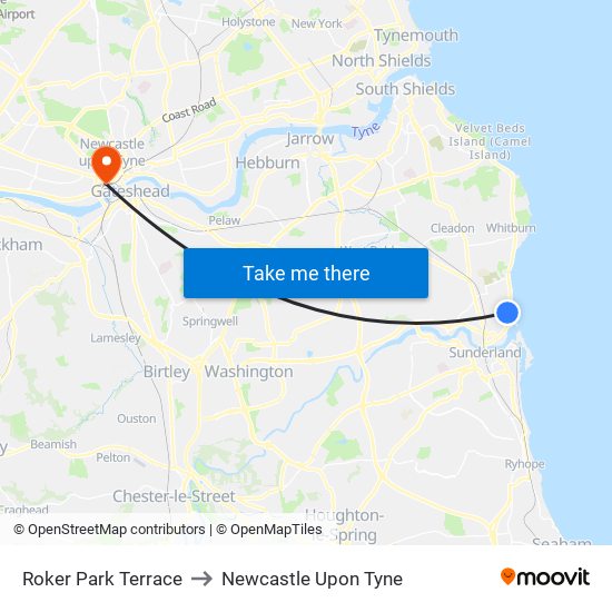 Roker Park Terrace to Newcastle Upon Tyne map