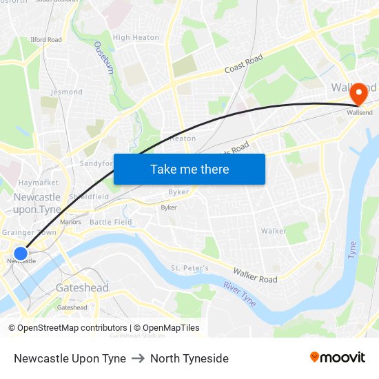 Newcastle Upon Tyne to North Tyneside map