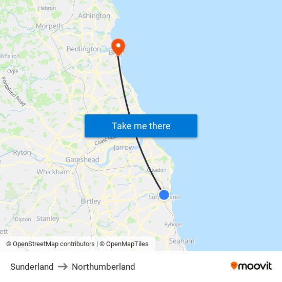 Sunderland to Northumberland map