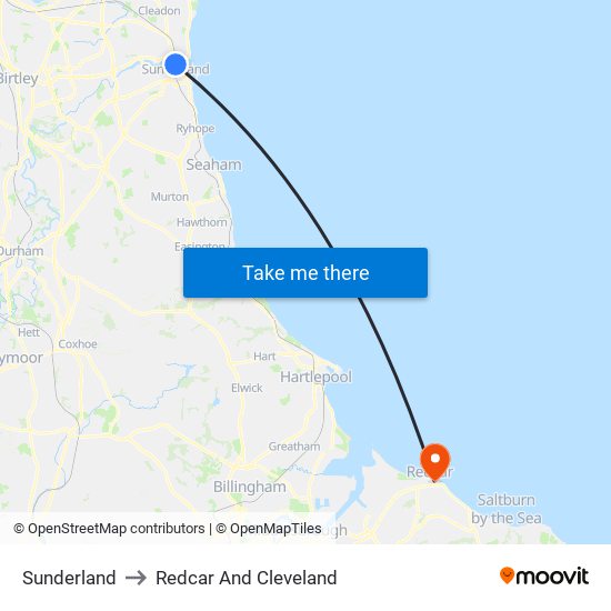 Sunderland to Redcar And Cleveland map