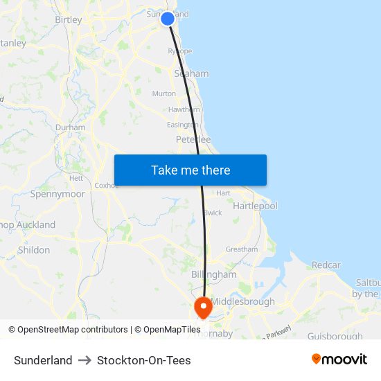 Sunderland to Stockton-On-Tees map