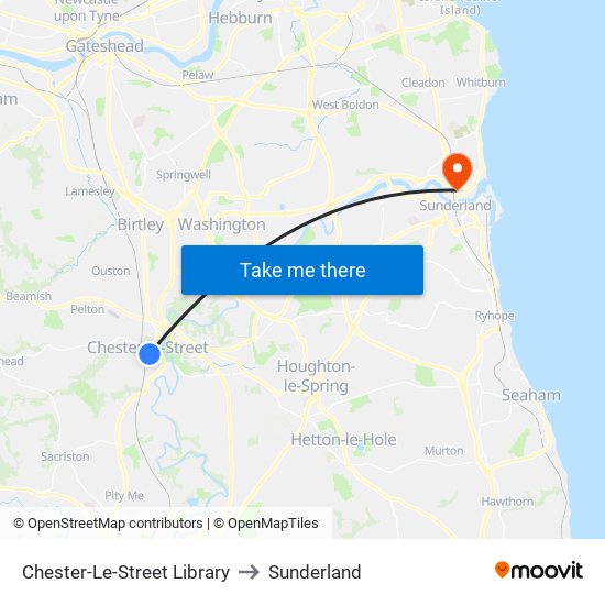 Chester-Le-Street Library to Sunderland map