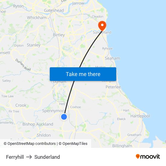 Ferryhill to Sunderland map