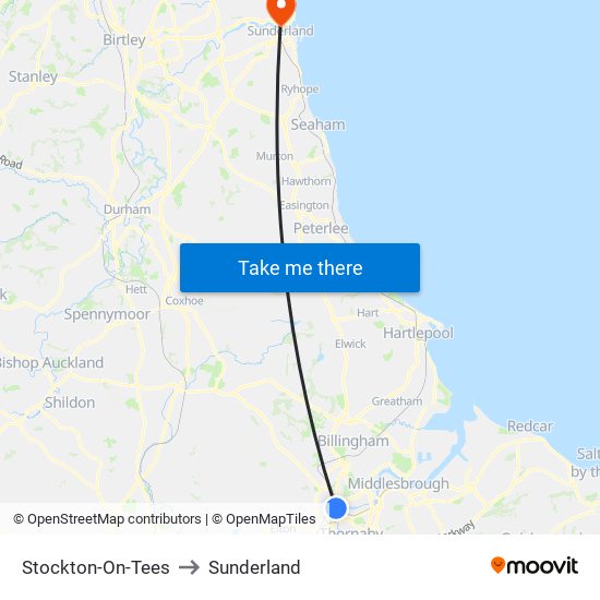 Stockton-On-Tees to Sunderland map