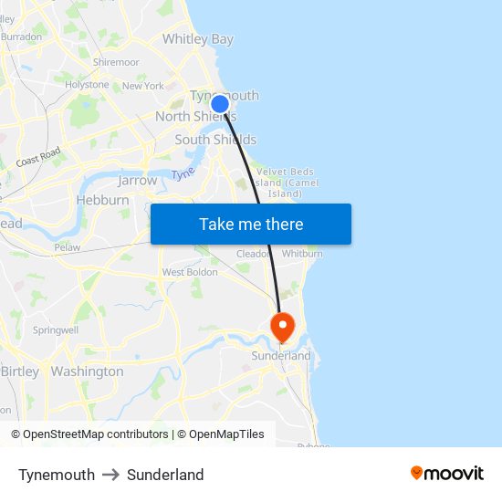 Tynemouth to Sunderland map