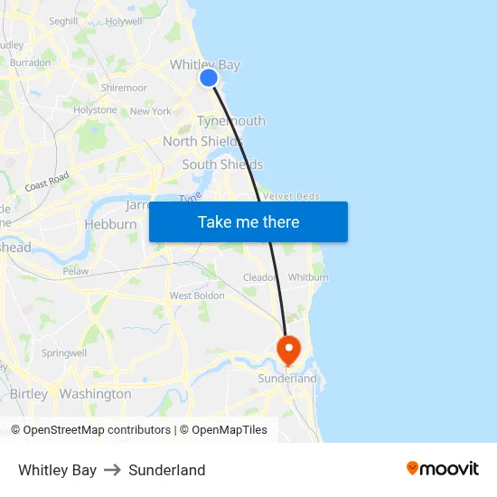 Whitley Bay to Sunderland map