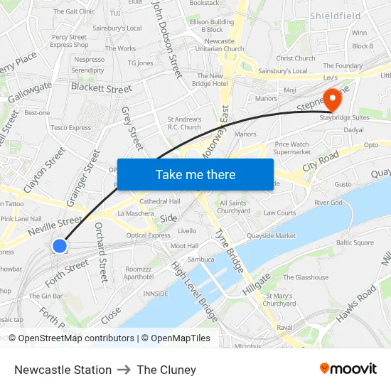 Newcastle Station to The Cluney map