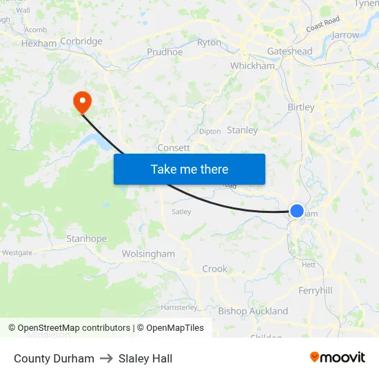 County Durham to Slaley Hall map