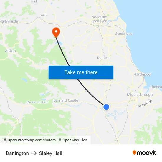 Darlington to Slaley Hall map
