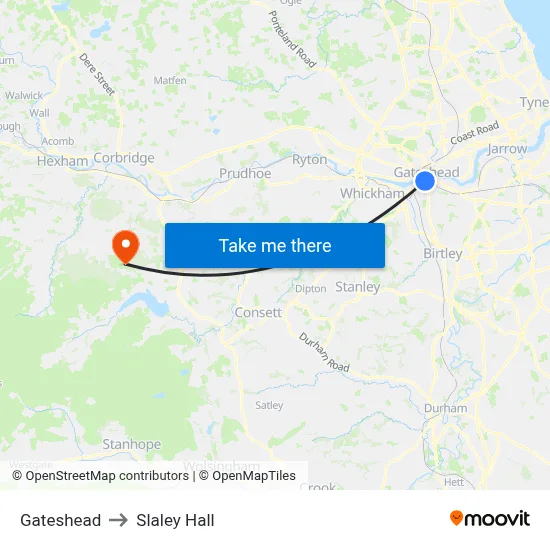 Gateshead to Slaley Hall map