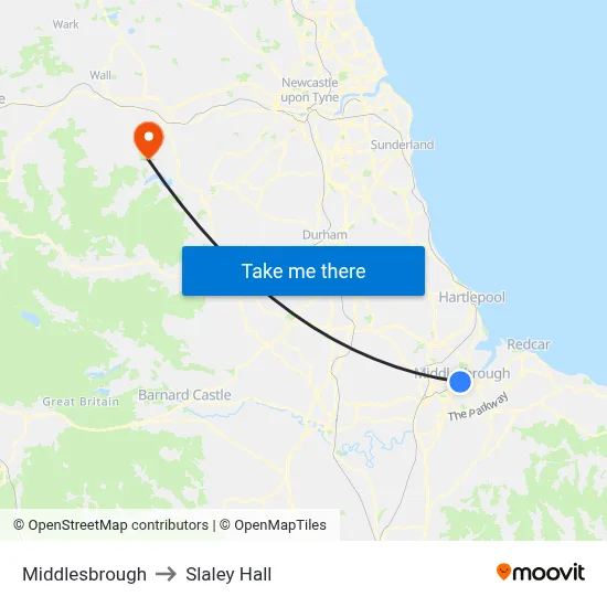 Middlesbrough to Slaley Hall map