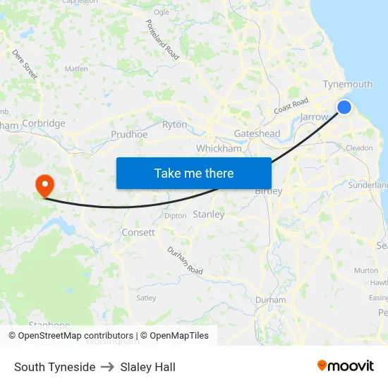 South Tyneside to Slaley Hall map