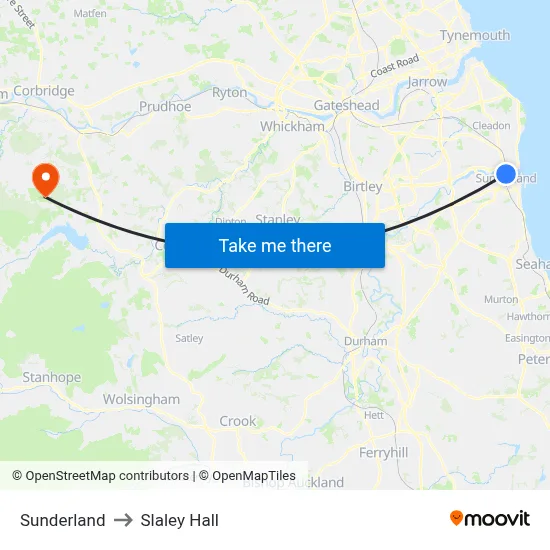 Sunderland to Slaley Hall map