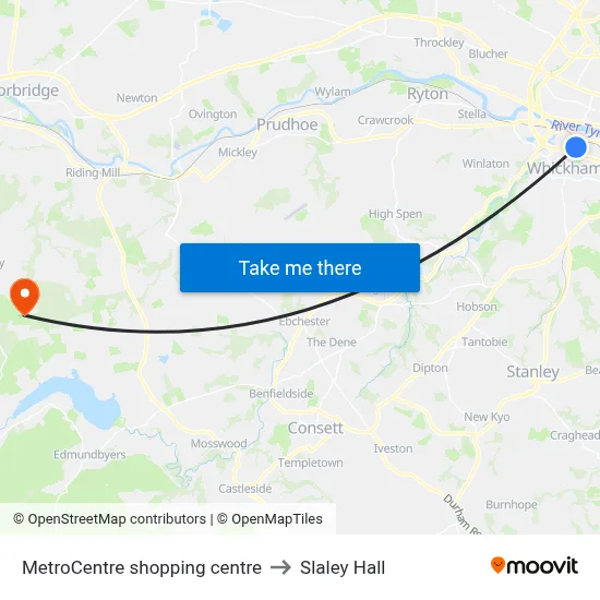 MetroCentre shopping centre to Slaley Hall map