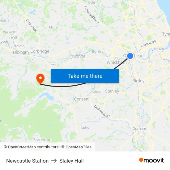 Newcastle Station to Slaley Hall map
