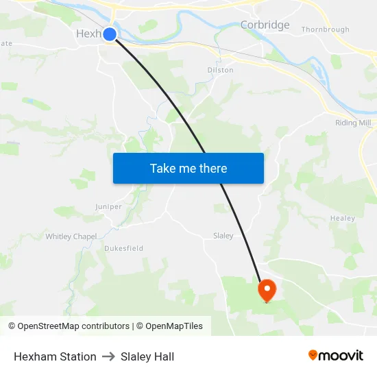 Hexham Station to Slaley Hall map