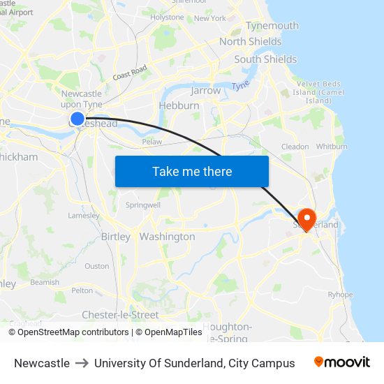 Newcastle to University Of Sunderland, City Campus map