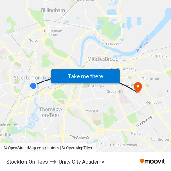 Stockton-On-Tees to Unity City Academy map
