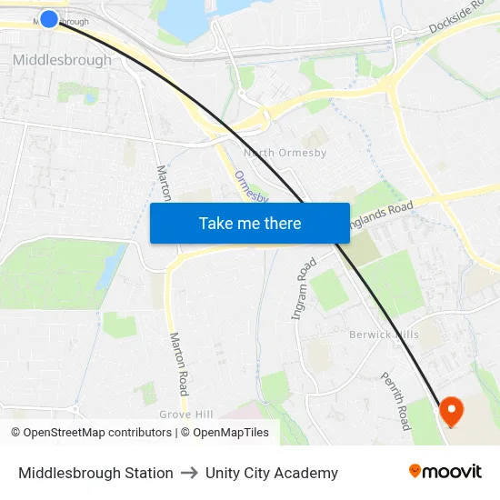 Middlesbrough Station to Unity City Academy map