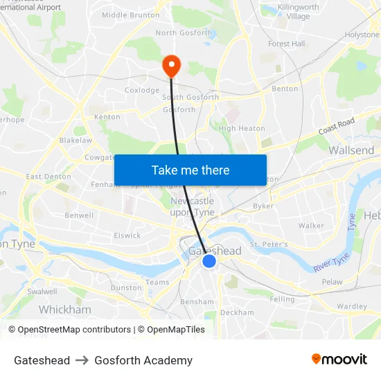 Gateshead to Gosforth Academy map