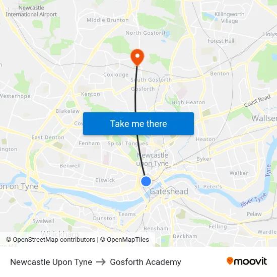 Newcastle Upon Tyne to Gosforth Academy map