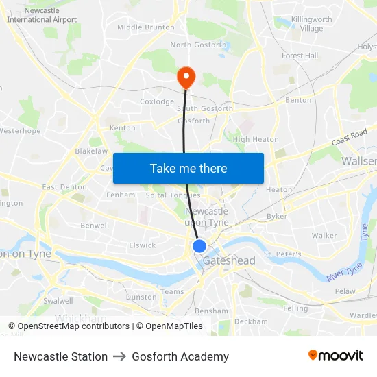 Newcastle Station to Gosforth Academy map