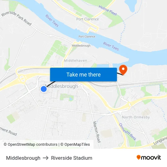 Middlesbrough to Riverside Stadium map