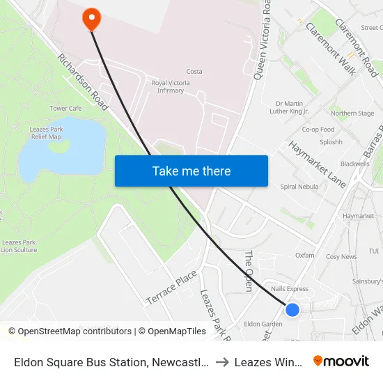 Eldon Square Bus Station, Newcastle upon Tyne to Leazes Wing (Rvi) map