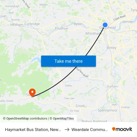 Haymarket Bus Station, Newcastle upon Tyne to Weardale Community Hospital map