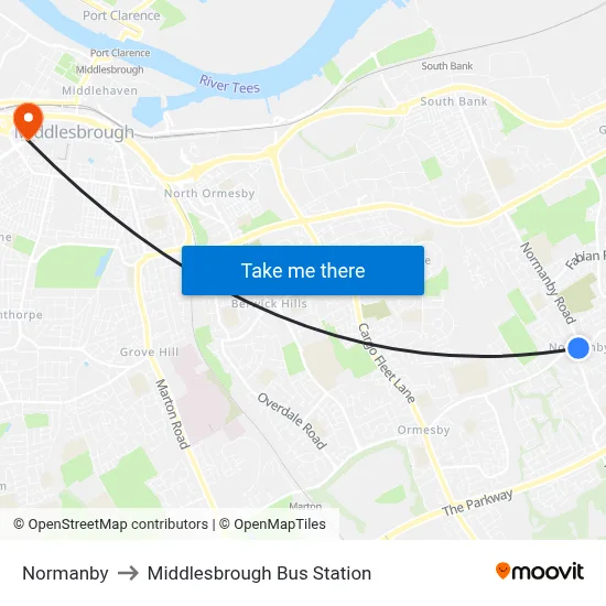 Normanby to Middlesbrough Bus Station map