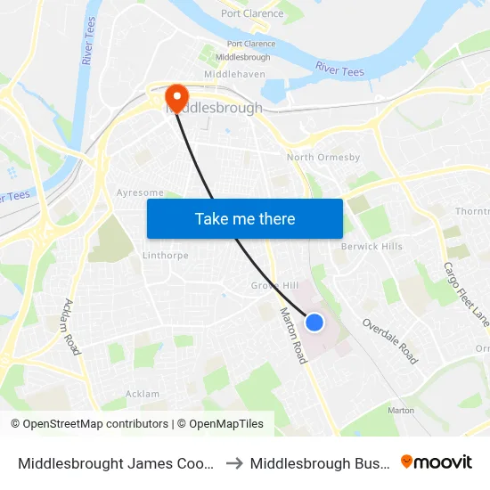 Middlesbrought James Cook Hospital to Middlesbrough Bus Station map