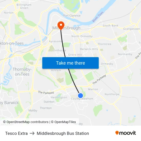 Tesco Extra to Middlesbrough Bus Station map
