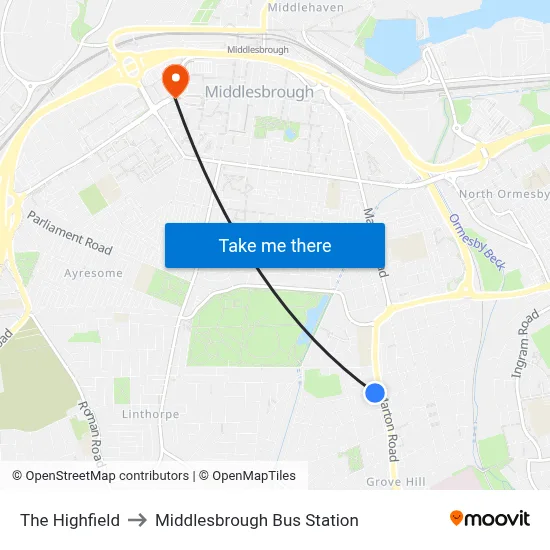 The Highfield to Middlesbrough Bus Station map