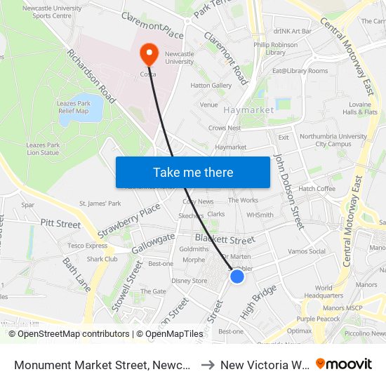 Monument Market Street, Newcastle upon Tyne to New Victoria Wing (Rvi) map