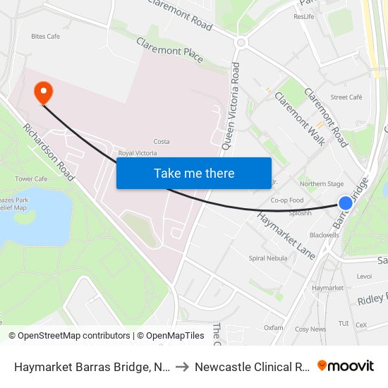 Haymarket Barras Bridge, Newcastle upon Tyne to Newcastle Clinical Research Facility map