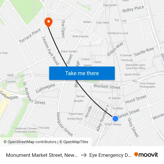 Monument Market Street, Newcastle upon Tyne to Eye Emergency Department map