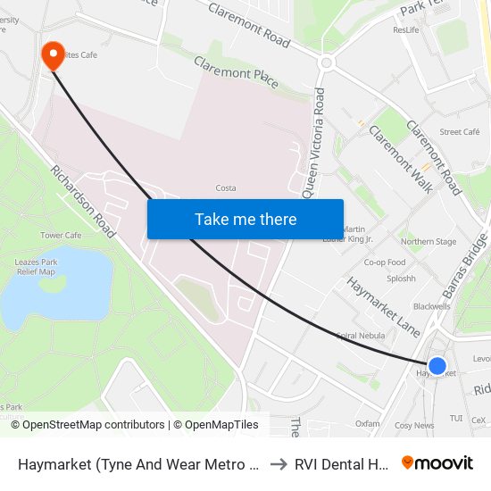 Haymarket (Tyne And Wear Metro Station), Newcastle upon Tyne to RVI Dental Hospital level 6 map