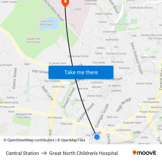 Central Station to Great North Children's Hospital map