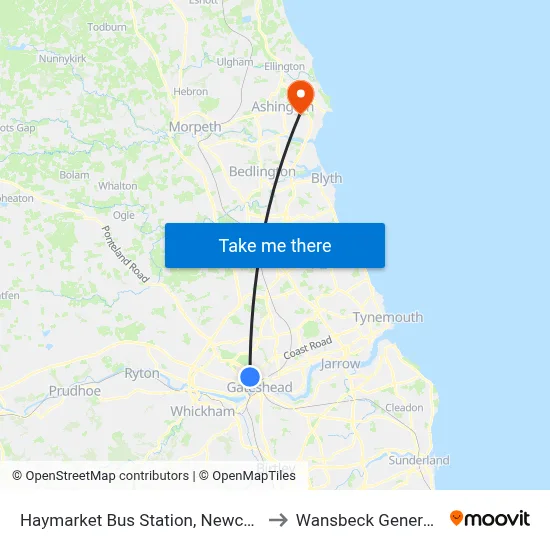 Haymarket Bus Station, Newcastle upon Tyne to Wansbeck General Hospital map